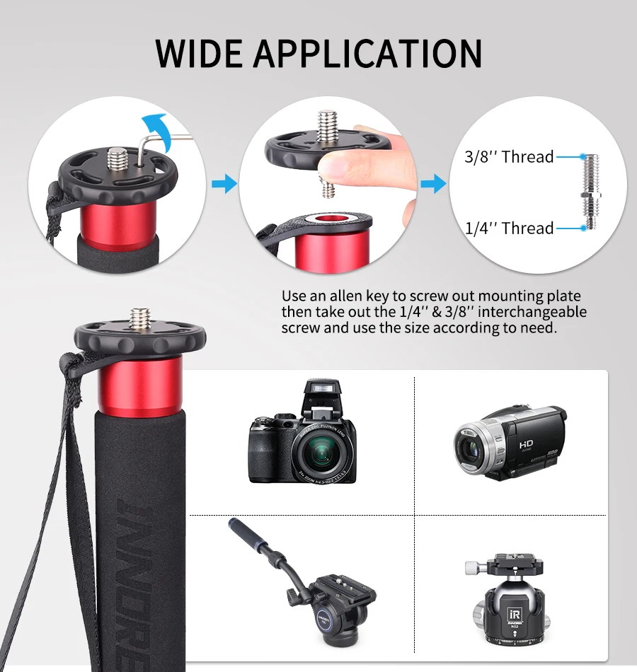 INNOREL VM60A/VM80A Aluminum Alloy Camera Monopod 170cm Professional Portable Video Stand for Canon Nikon GoPro DSLR Camcorder