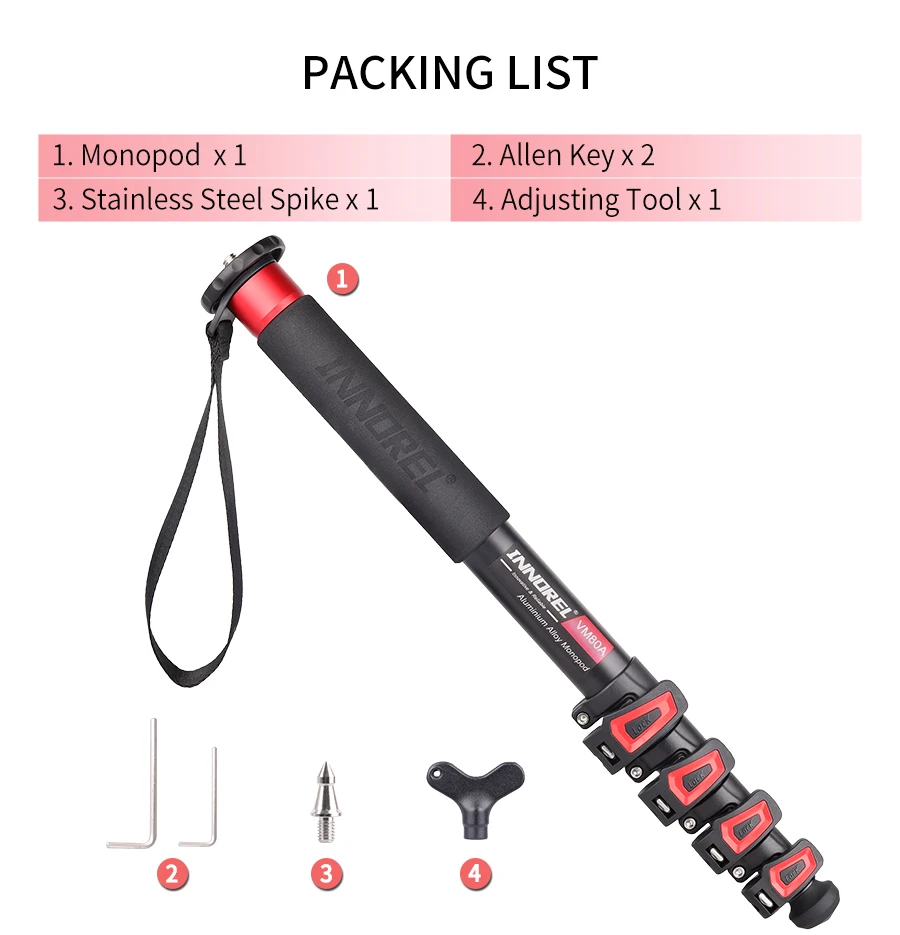 INNOREL VM60A/VM80A Aluminum Alloy Camera Monopod 170cm Professional Portable Video Stand for Canon Nikon GoPro DSLR Camcorder