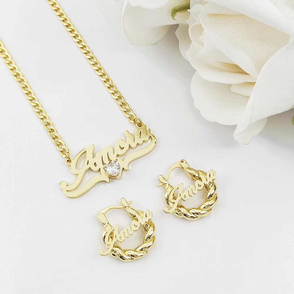 Custom Name Necklace and Earrings Set Baby Heart Necklace Small Twist Hoops Kids Earrings Birthday Gift for Girl Toddler Jewelry
