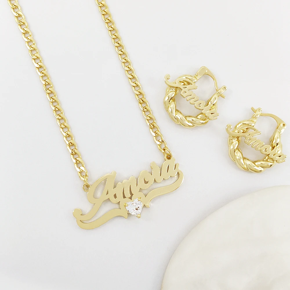 Custom Name Necklace and Earrings Set Baby Heart Necklace Small Twist Hoops Kids Earrings Birthday Gift for Girl Toddler Jewelry