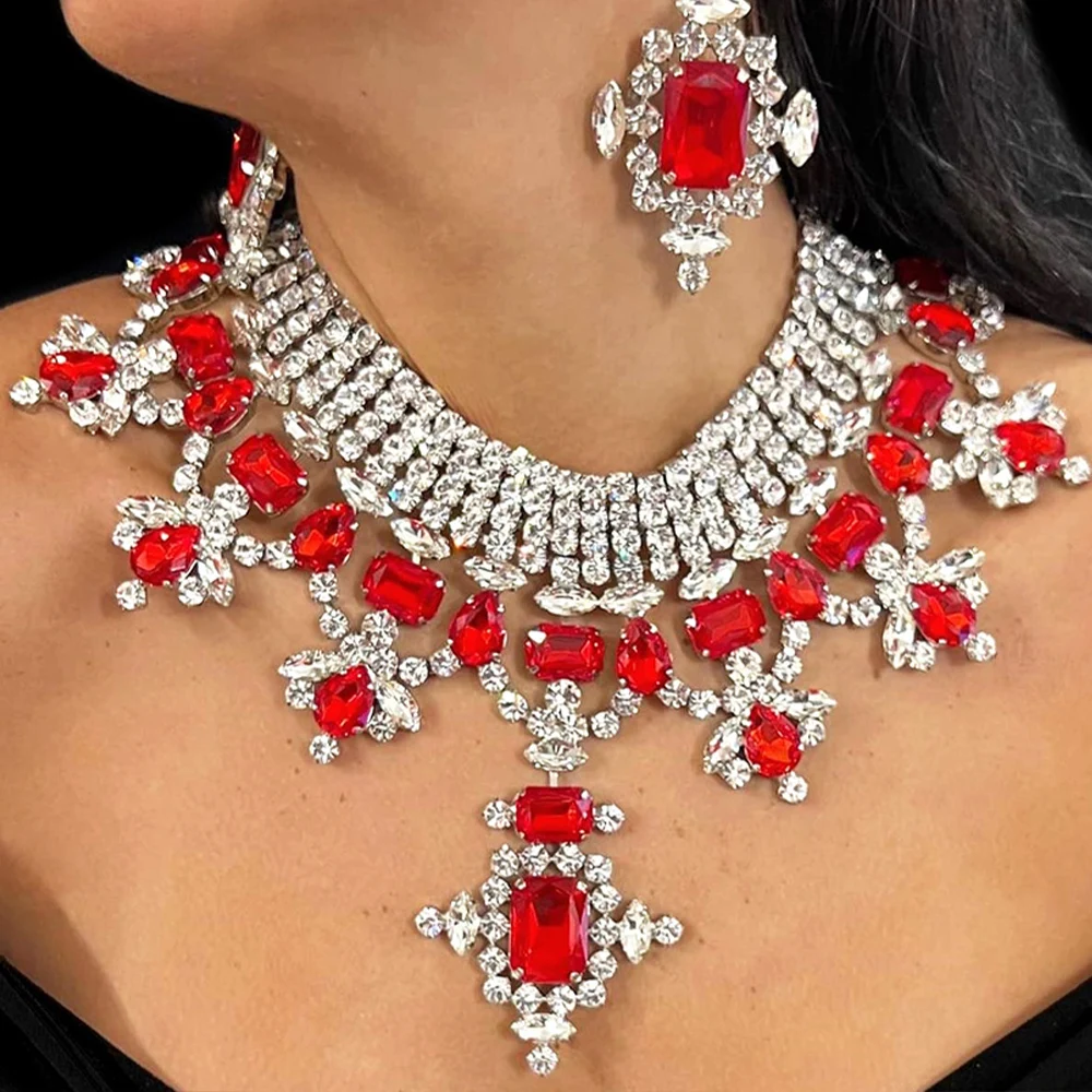 Stonefans Red Square Earrings Necklace Sets Crystal Hanging for Women Vintage Trending Geometric Accessories Girls Jewelry Party