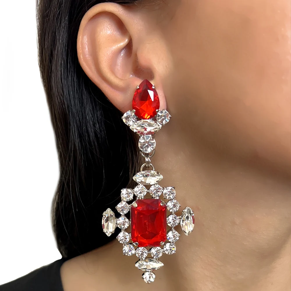 Stonefans Red Square Earrings Necklace Sets Crystal Hanging for Women Vintage Trending Geometric Accessories Girls Jewelry Party