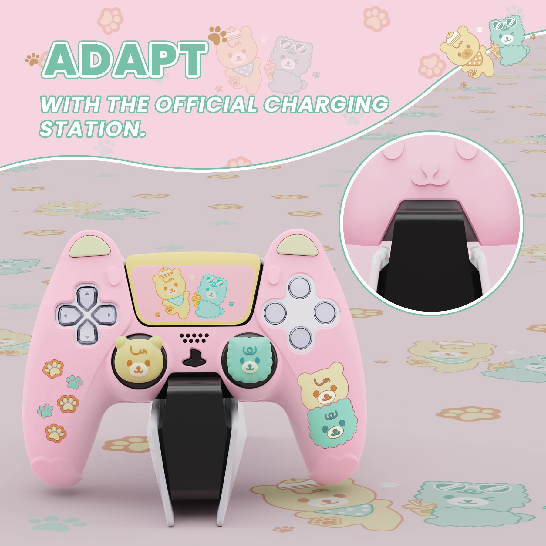 PlayVital Silicone Case for ps5, Compatible with Charging Station, Cute Gamepad Skin Protector W/TouchPad Sticker & Thumb Grips