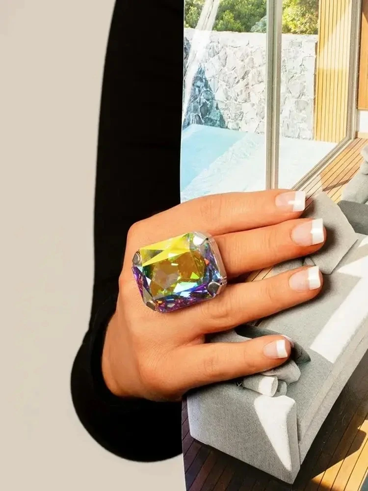 Stonefans Vintage Exaggerated Yellow Square Ring Custom for Girls Adjustable Crystal Accessories Geometric Ring Elegant Luxury
