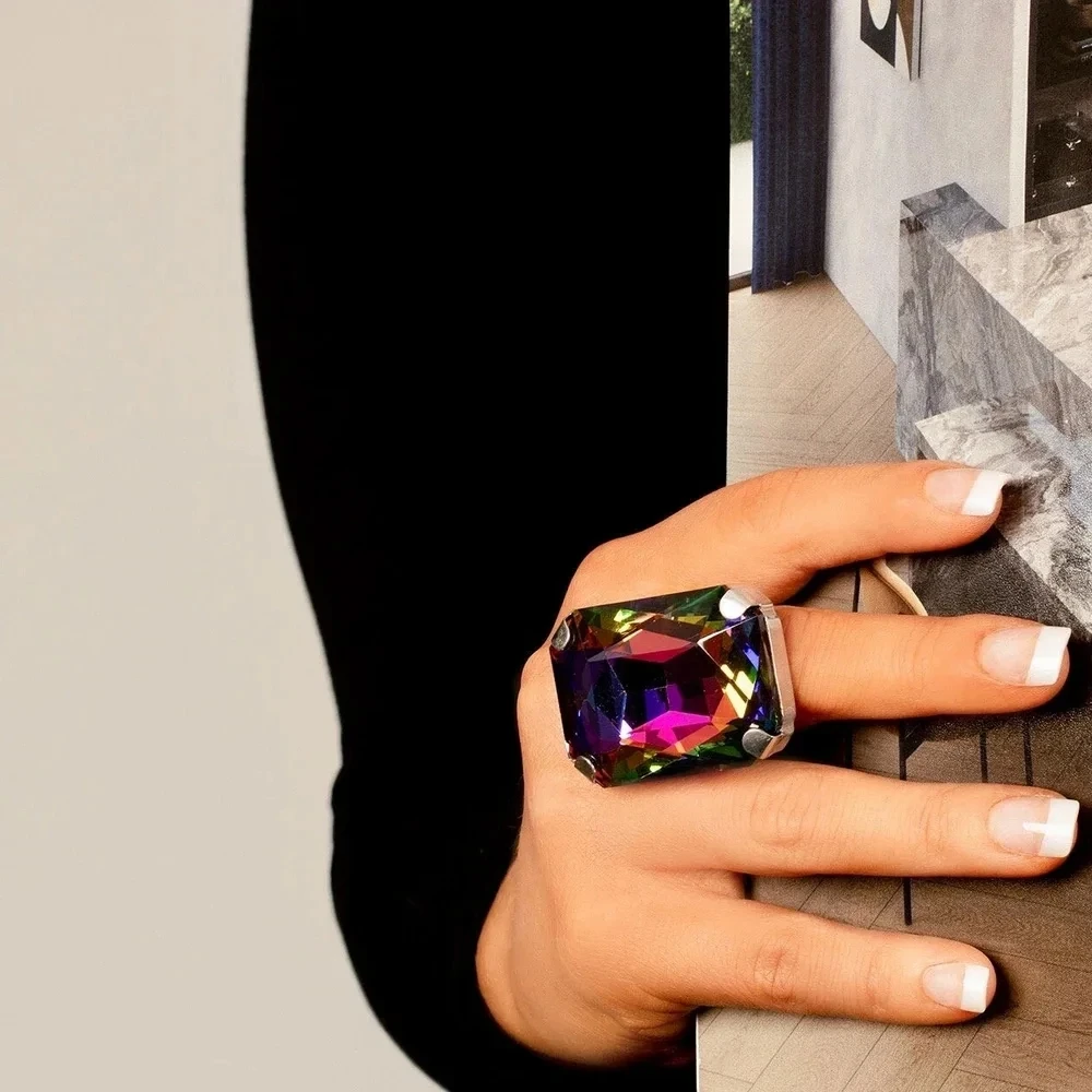 Stonefans Vintage Exaggerated Yellow Square Ring Custom for Girls Adjustable Crystal Accessories Geometric Ring Elegant Luxury