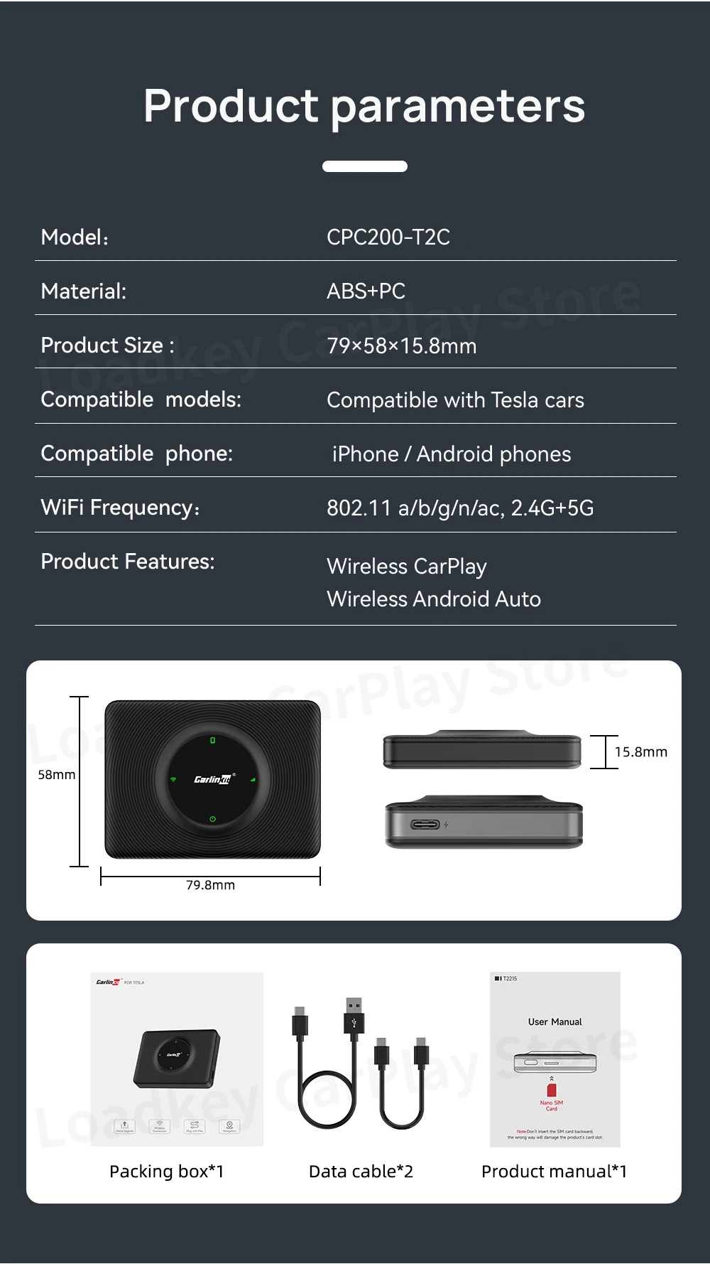 CarlinKit T2C Wireless CarPlay Android Auto Support Tesla Model 3 Model X Y Model S Waze Siri Spotify Waze 2.4G+5G WIFI