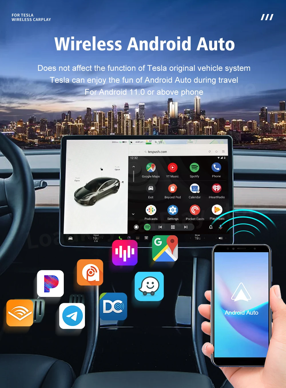 CarlinKit T2C Wireless CarPlay Android Auto Support Tesla Model 3 Model X Y Model S Waze Siri Spotify Waze 2.4G+5G WIFI
