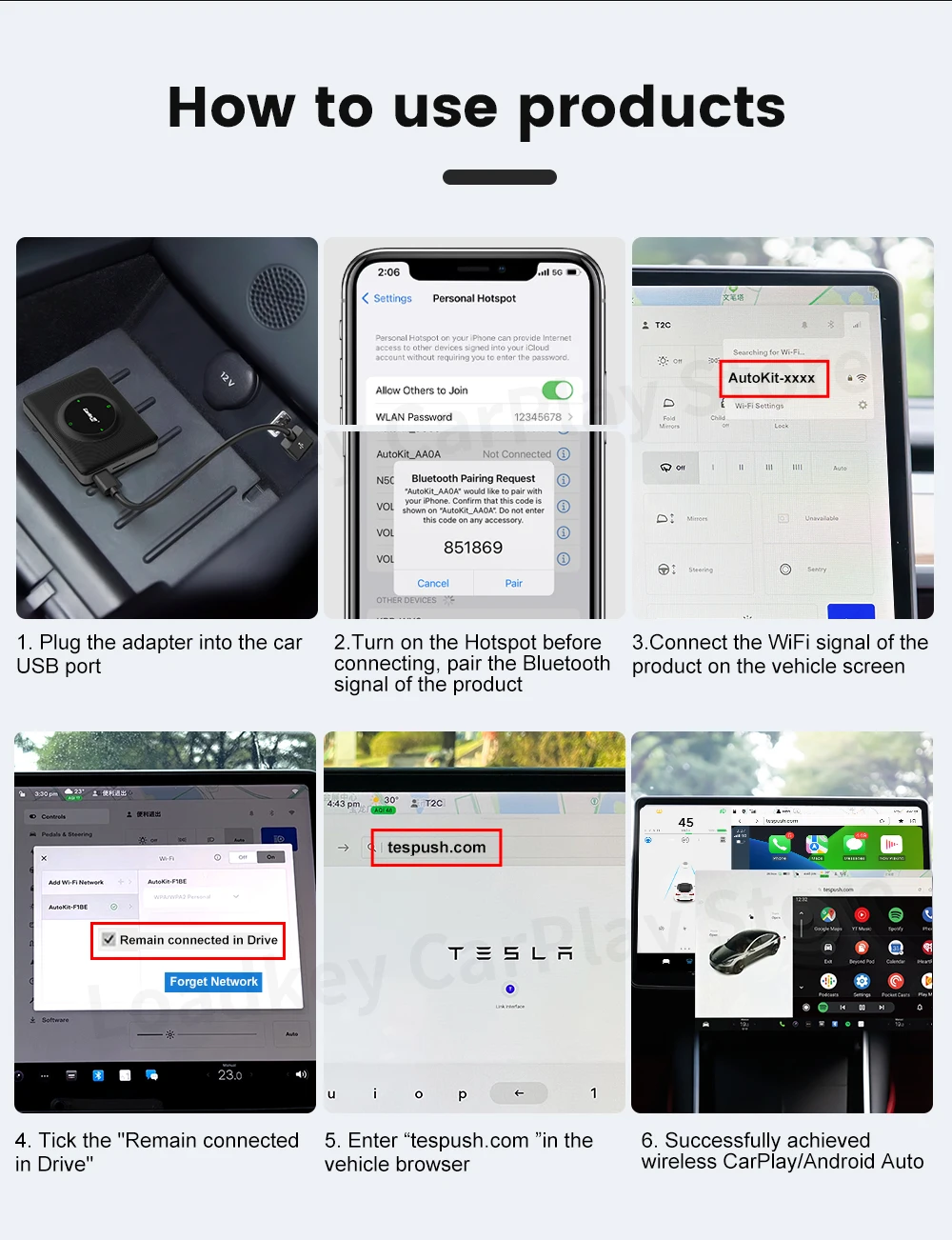 CarlinKit T2C Wireless CarPlay Android Auto Support Tesla Model 3 Model X Y Model S Waze Siri Spotify Waze 2.4G+5G WIFI