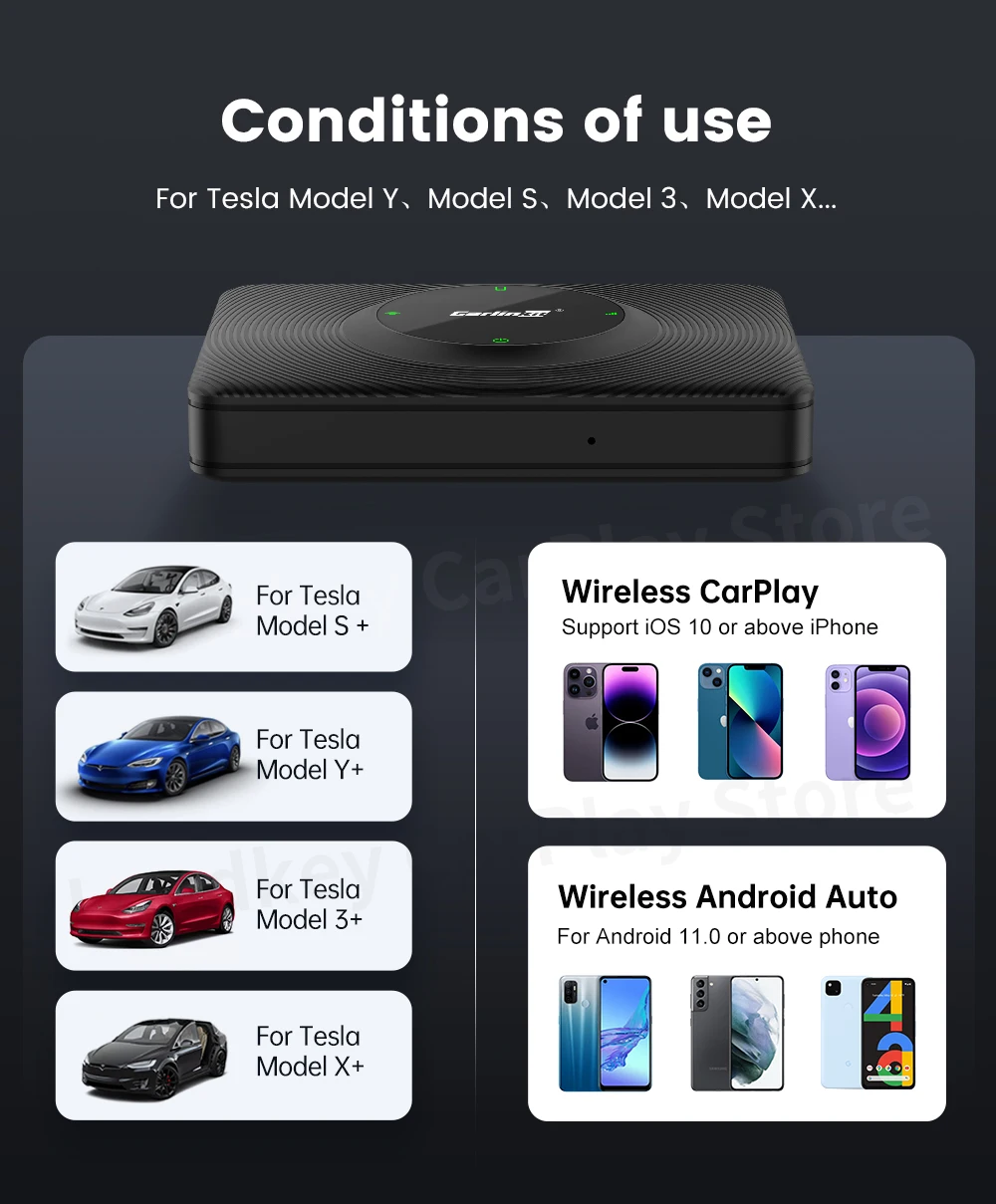 CarlinKit T2C Wireless CarPlay Android Auto Support Tesla Model 3 Model X Y Model S Waze Siri Spotify Waze 2.4G+5G WIFI