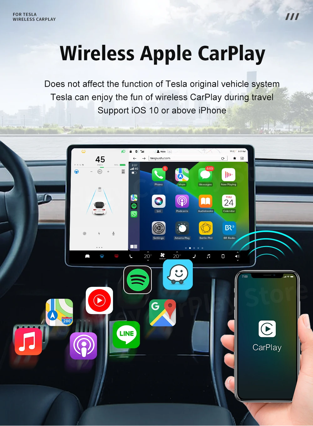 CarlinKit T2C Wireless CarPlay Android Auto Support Tesla Model 3 Model X Y Model S Waze Siri Spotify Waze 2.4G+5G WIFI