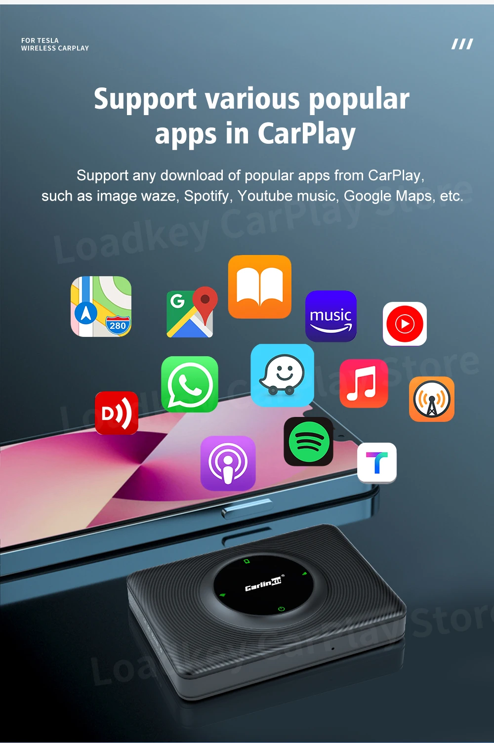 CarlinKit T2C Wireless CarPlay Android Auto Support Tesla Model 3 Model X Y Model S Waze Siri Spotify Waze 2.4G+5G WIFI