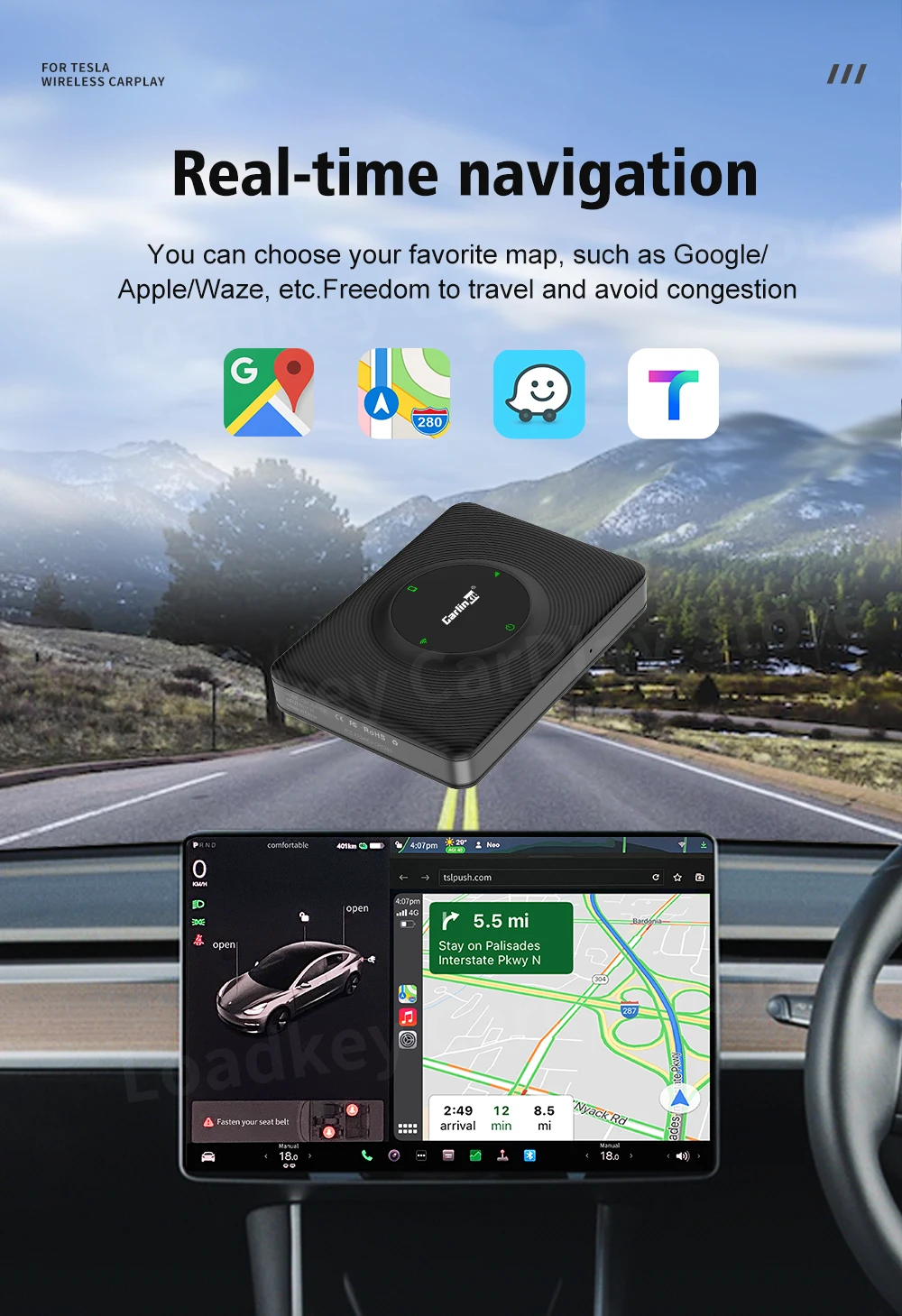 CarlinKit T2C Wireless CarPlay Android Auto Support Tesla Model 3 Model X Y Model S Waze Siri Spotify Waze 2.4G+5G WIFI