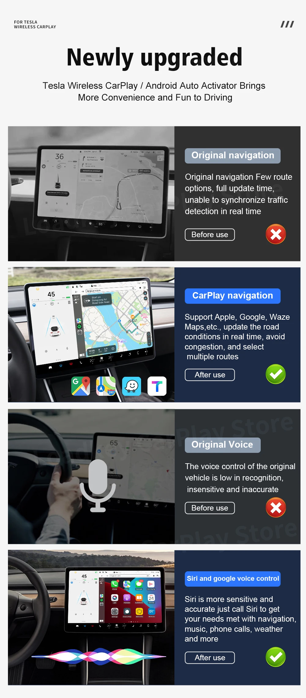 CarlinKit T2C Wireless CarPlay Android Auto Support Tesla Model 3 Model X Y Model S Waze Siri Spotify Waze 2.4G+5G WIFI
