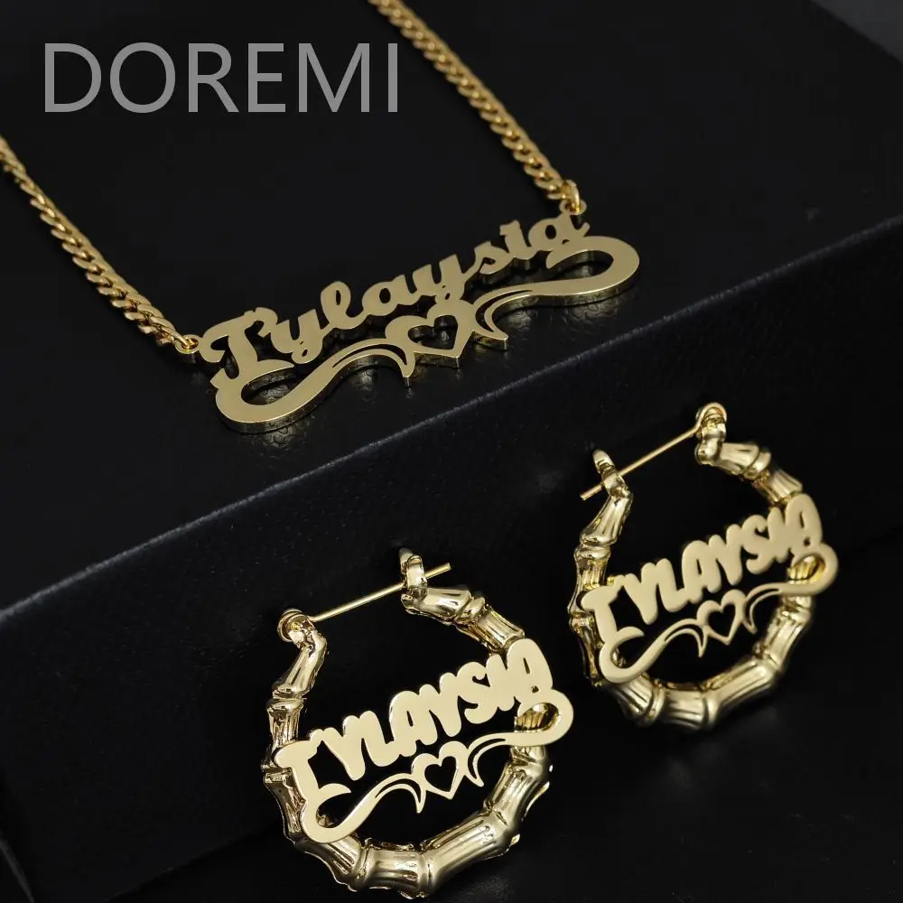 DOREMI Personalized Letter Heart-shaped Name Stainless Steel Personalized Earring Necklace Set Name Jewelry Set for Mother Gift