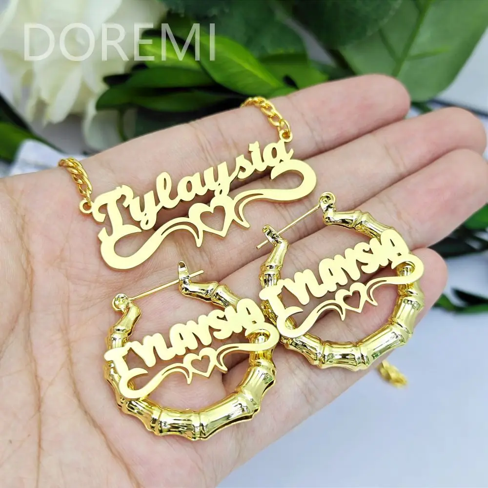 DOREMI Personalized Letter Heart-shaped Name Stainless Steel Personalized Earring Necklace Set Name Jewelry Set for Mother Gift