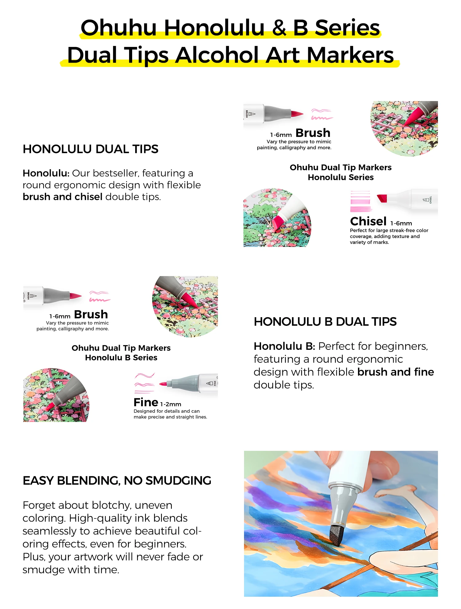 Ohuhu Honolulu 48 Pastel Colors Marker Pen Set Alcohol Art Markers Refillable Dual Tips Sketching Drawing School Art Supplies