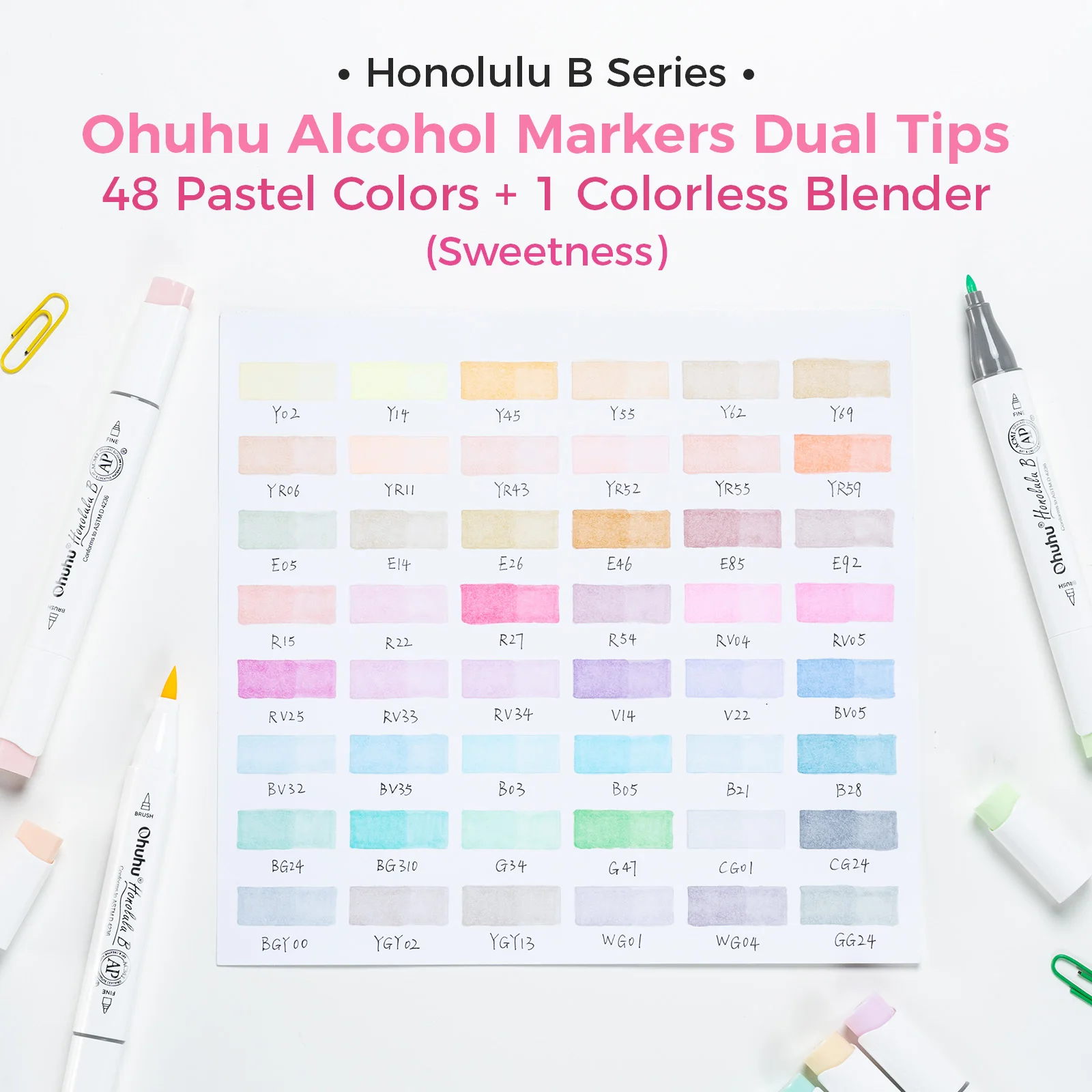 Ohuhu Honolulu 48 Pastel Colors Marker Pen Set Alcohol Art Markers Refillable Dual Tips Sketching Drawing School Art Supplies