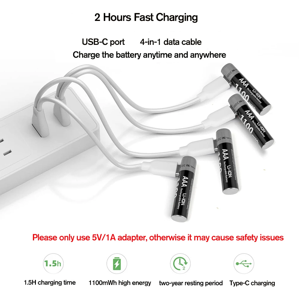 Kuugro 1.5V AAA USB Li-ion Rechargeable Battery Aaa 1.5V 1100mWh Lithium Batteries with 4-in-1 Cable for Toys Camera Flashlight