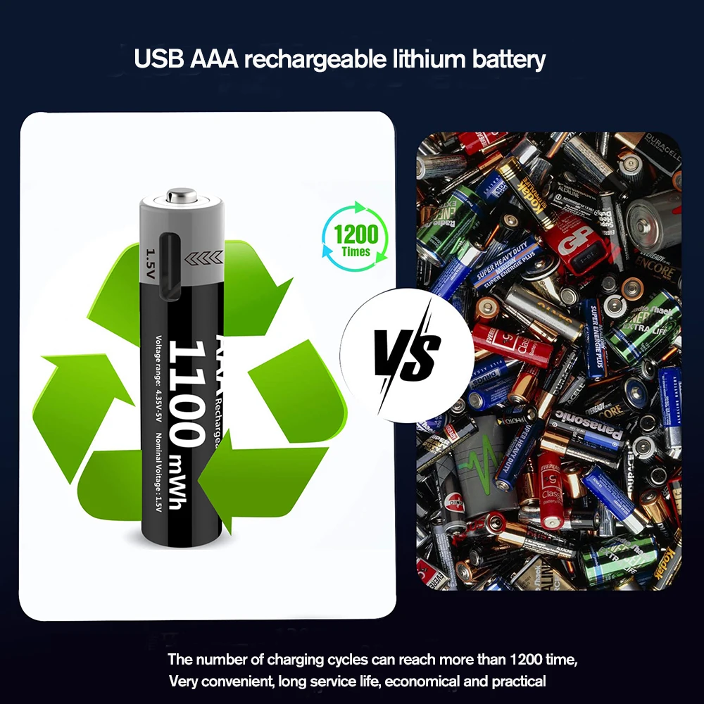 Kuugro 1.5V AAA USB Li-ion Rechargeable Battery Aaa 1.5V 1100mWh Lithium Batteries with 4-in-1 Cable for Toys Camera Flashlight