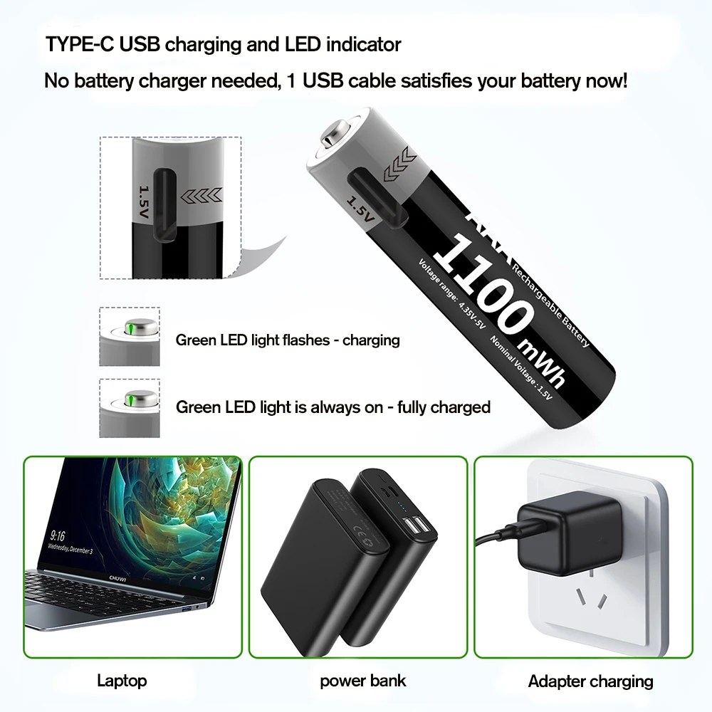 Kuugro 1.5V AAA USB Li-ion Rechargeable Battery Aaa 1.5V 1100mWh Lithium Batteries with 4-in-1 Cable for Toys Camera Flashlight