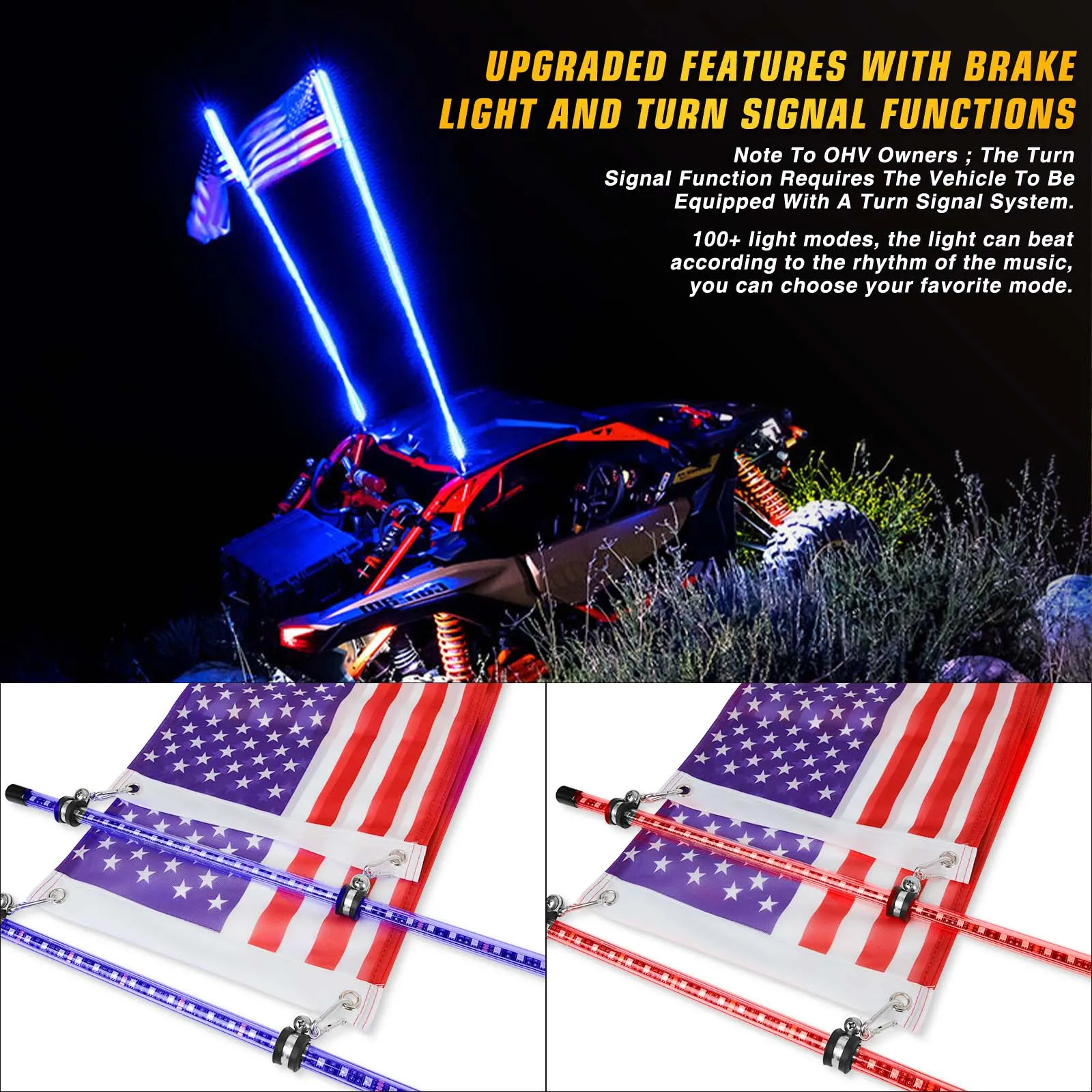 2PCS 4FT LED Whip Light With App Remote Control Spiral RGB Chasing Music Whip Light for UTV ATV RZR Can-Am SXS Polaris Offroad