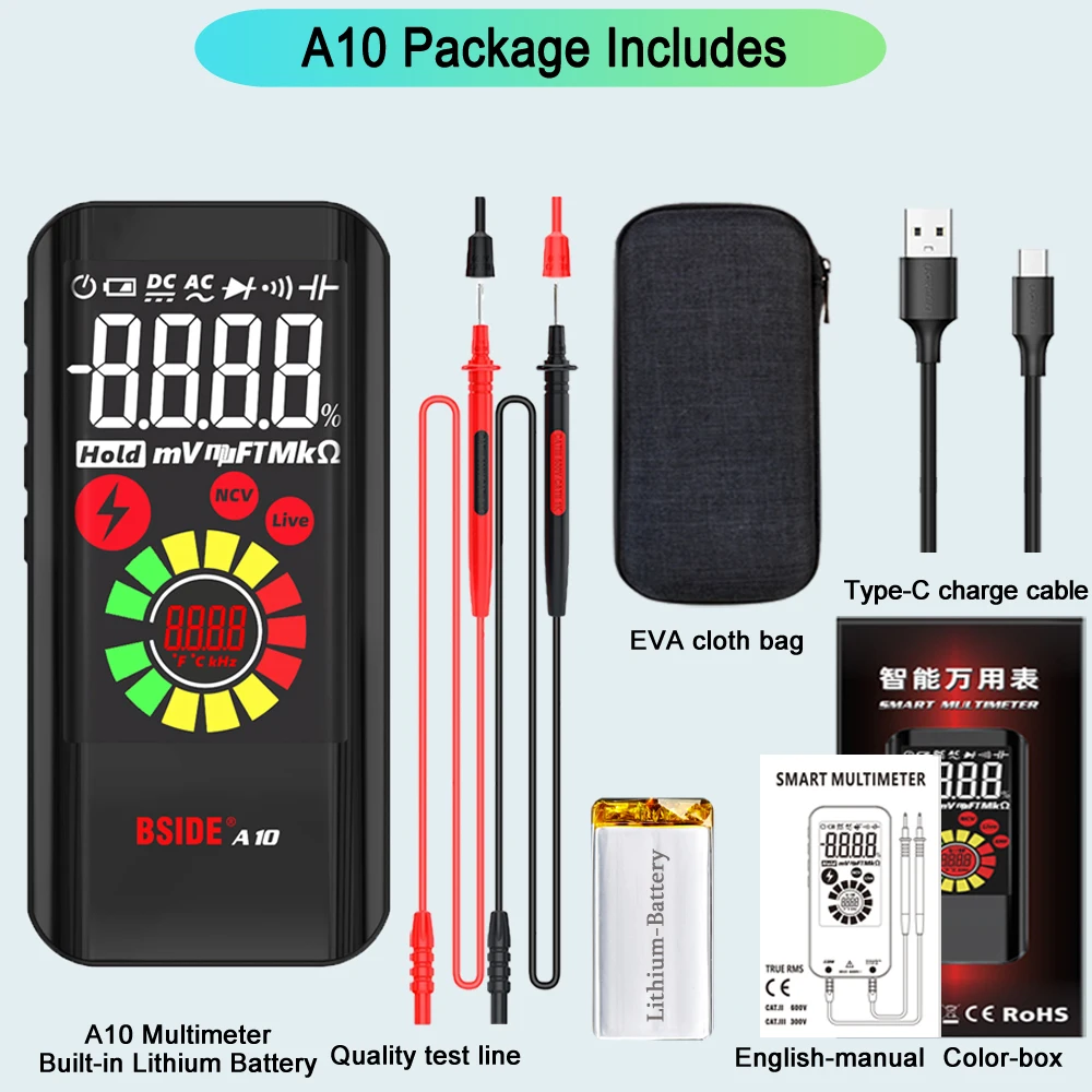 BSIDE Professional Digital Multimeter Smart 9999 EMF Multitester DC AC Voltage Capacitor Ohm Diode Live Electric Tester USB Char