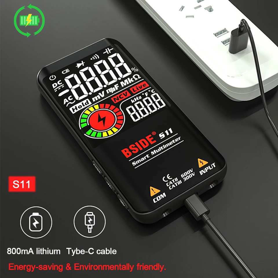 BSIDE Professional Digital Multimeter Smart 9999 EMF Multitester DC AC Voltage Capacitor Ohm Diode Live Electric Tester USB Char