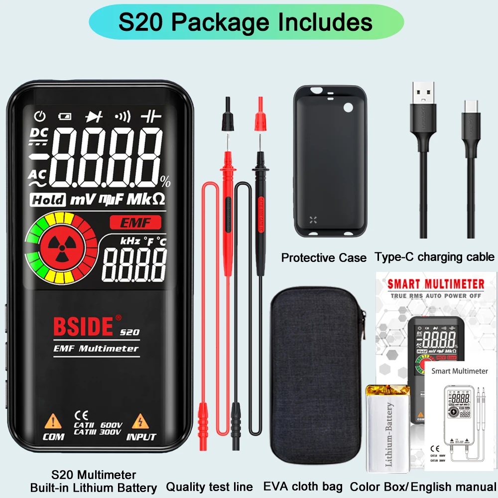 BSIDE Professional Digital Multimeter Smart 9999 EMF Multitester DC AC Voltage Capacitor Ohm Diode Live Electric Tester USB Char