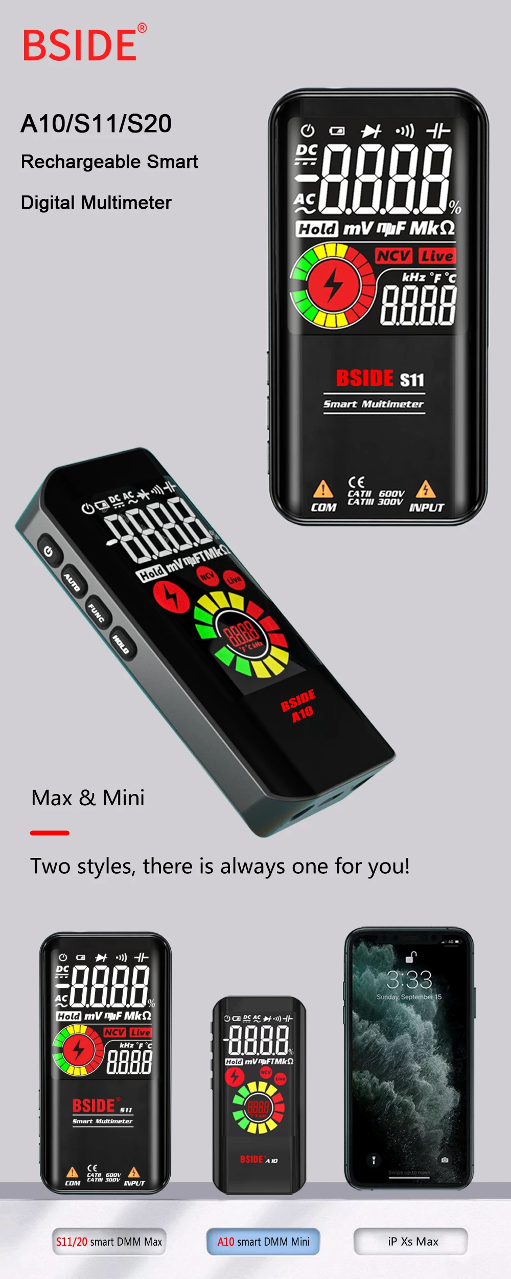 BSIDE Professional Digital Multimeter Smart 9999 EMF Multitester DC AC Voltage Capacitor Ohm Diode Live Electric Tester USB Char