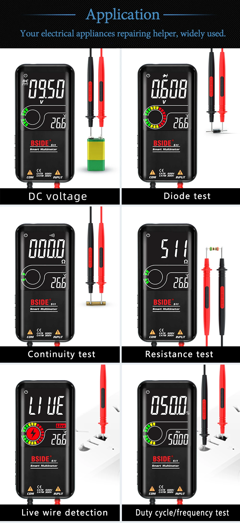 BSIDE Professional Digital Multimeter Smart 9999 EMF Multitester DC AC Voltage Capacitor Ohm Diode Live Electric Tester USB Char