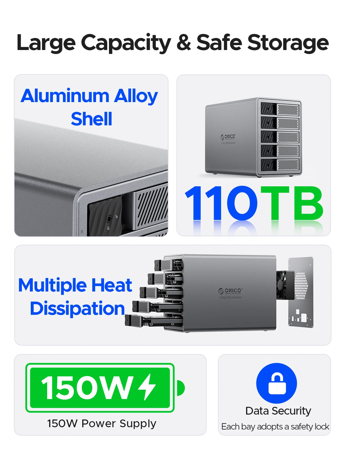 ORICO 3.5"USB3.0 5Gbps HDD Docking Station Aluminum With 150W Power Cooling Fan for Personal 5Bay DAS Solution (Standard) Series