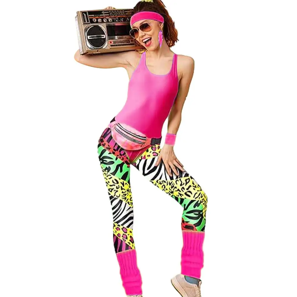 80s Workout Clothing Set 80s Party Costumes For Women Dance Party Leggings Leg Warmers Fanny Pack Earrings Headband Accessories