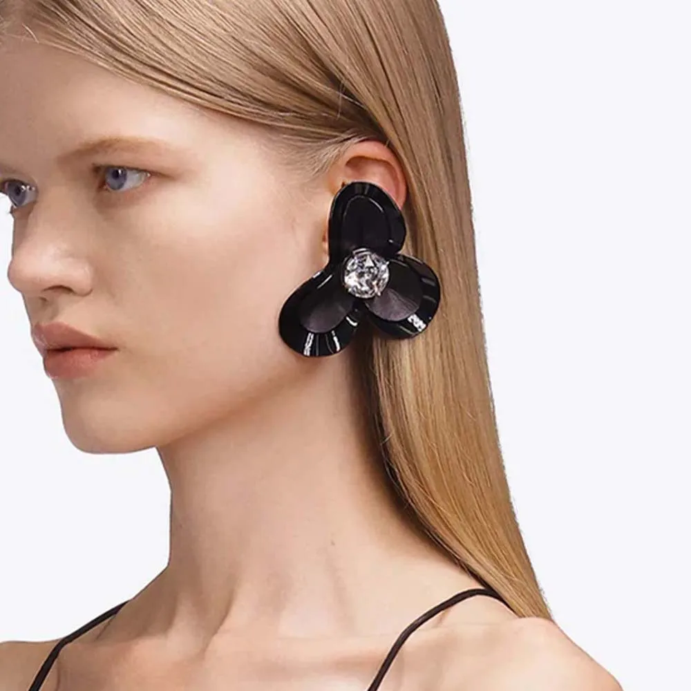 Stonefans Black Flower Ear Clip Without Piercing Jewellery for Girl Elegant Ear Cuff Wedding Earrings Luxury Designer 2024 Gifts