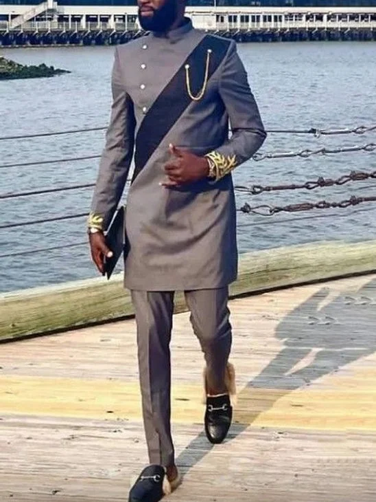 Men's Casual Black and Gold Print Two-Piece Set