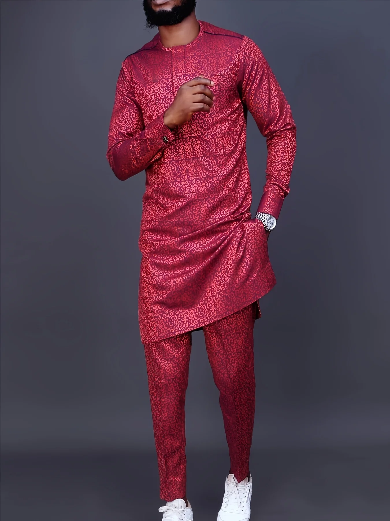 Men's Casual Black and Gold Print Two-Piece Set