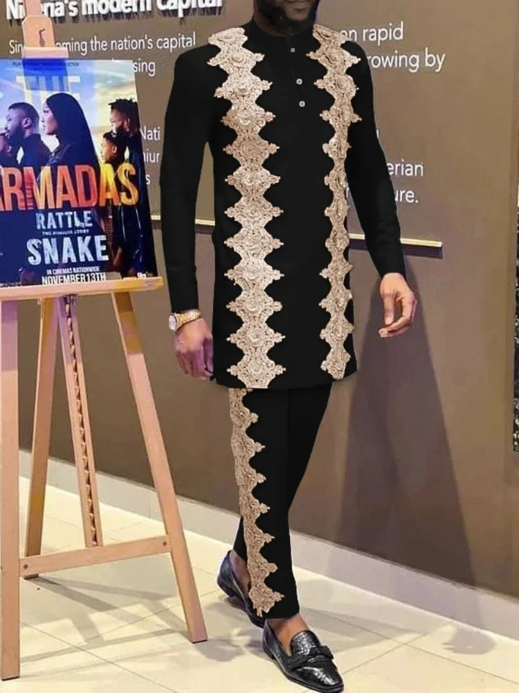 Men's Casual Black and Gold Print Two-Piece Set
