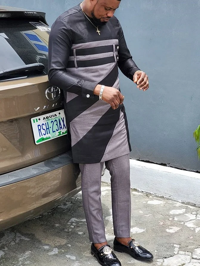 Men's Casual Black and Gold Print Two-Piece Set