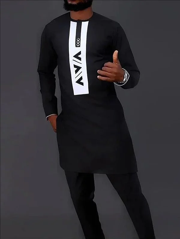 Men's Casual Black and Gold Print Two-Piece Set