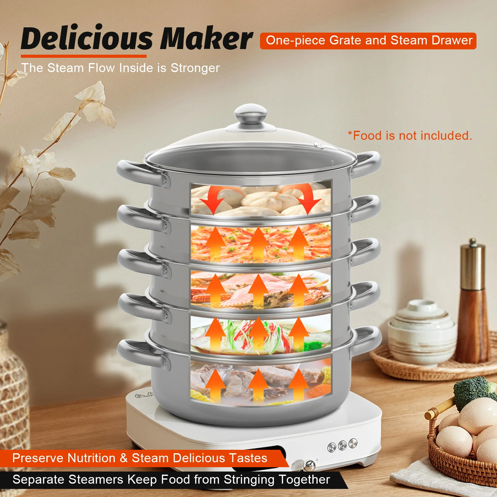5 Layers 30cm Large Home With Handles Kitchen Insulated Visual Cover Stainless Steel 5 Tier Steamer Pot Food Maker Cookware