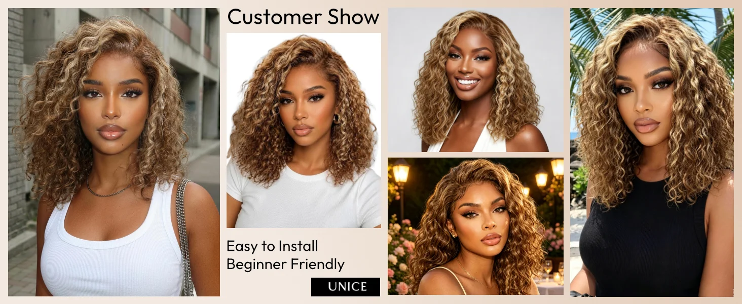 UNice 7x5 Bye-Bye Slip™ Lace Honey Blonde Highlights Voluminous Curly Bob Wig 180% Density Glueless Wig Human Hair Ready To Wear