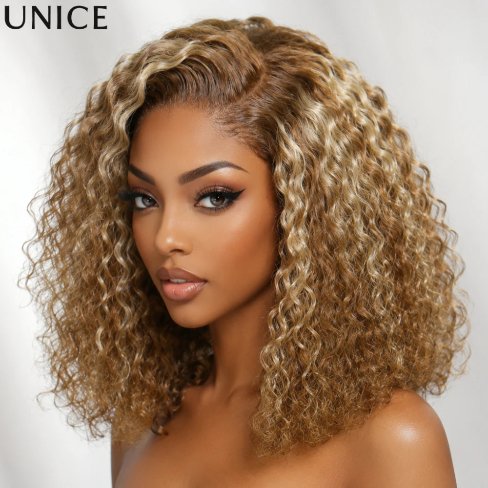 UNice 7x5 Bye-Bye Slip™ Lace Honey Blonde Highlights Voluminous Curly Bob Wig 180% Density Glueless Wig Human Hair Ready To Wear