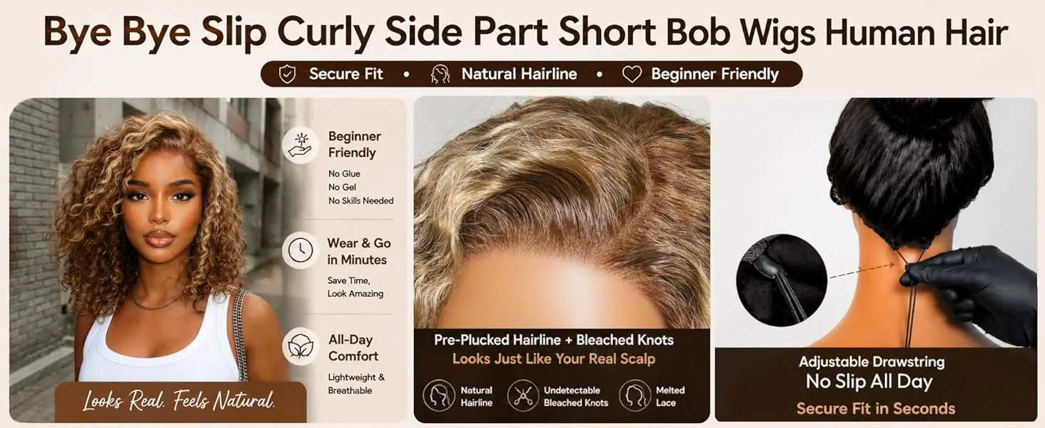 UNice 7x5 Bye-Bye Slip™ Lace Honey Blonde Highlights Voluminous Curly Bob Wig 180% Density Glueless Wig Human Hair Ready To Wear