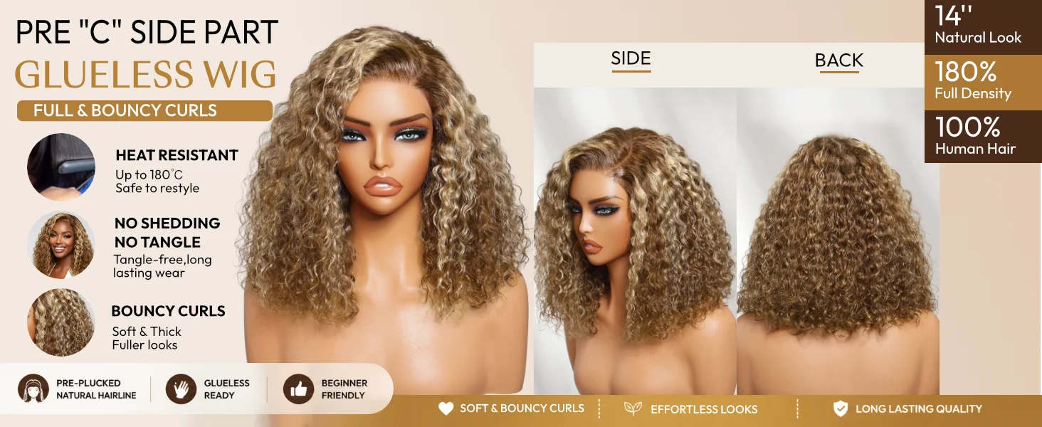 UNice 7x5 Bye-Bye Slip™ Lace Honey Blonde Highlights Voluminous Curly Bob Wig 180% Density Glueless Wig Human Hair Ready To Wear