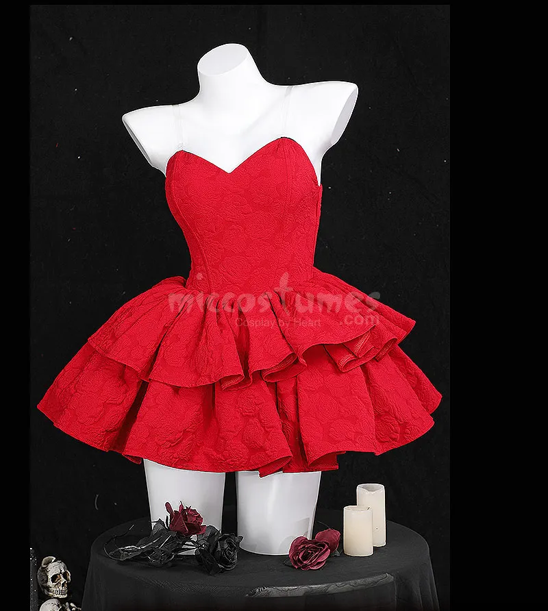 Miccostumes Women's Red Cosplay Costume Dress Strapless Tube Dress with Headband with Thigh-High Stockings and Gloves