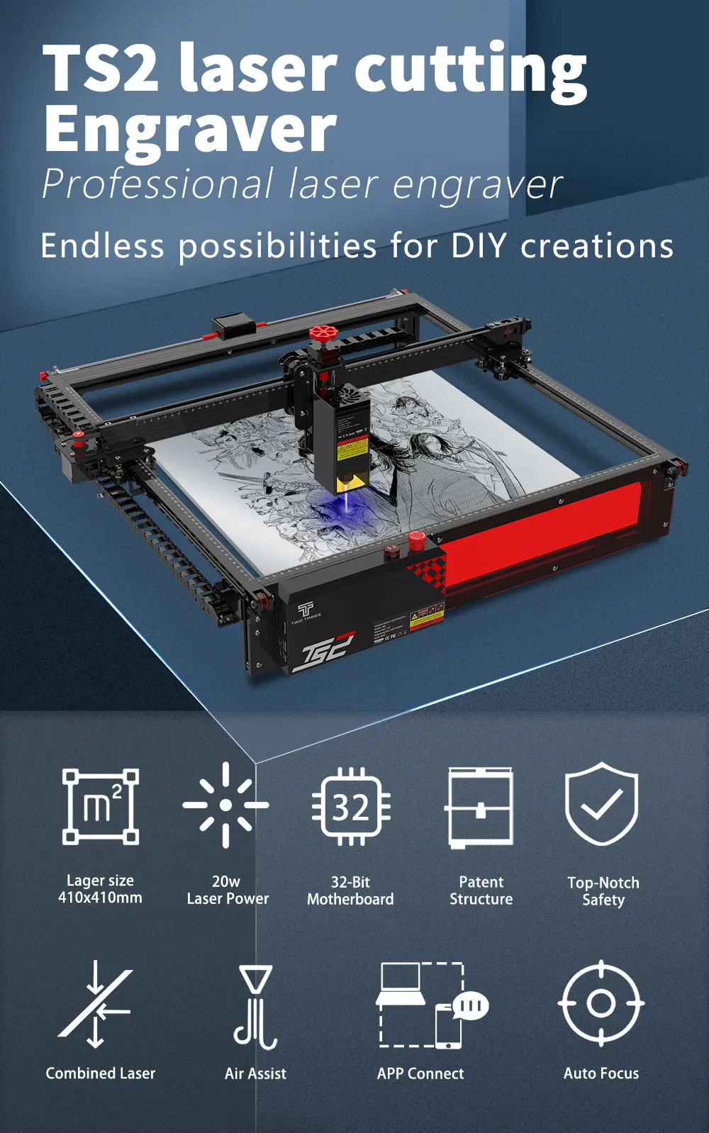 Twotrees TS2 20W Laser Engraver 450X450mm XY Axis Limit Switch Laser Engraving Machine Compressed Spot Technology Cutter Machine