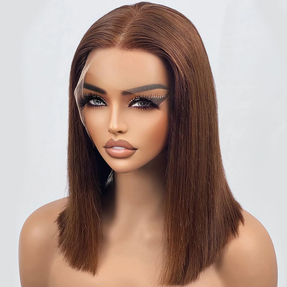 Bob Wigs Human Hair Chocolate Brown 13×4 Lace Front Human Hair Wig For Women Lightly Bleached Knot 180% Density Short Human Hair