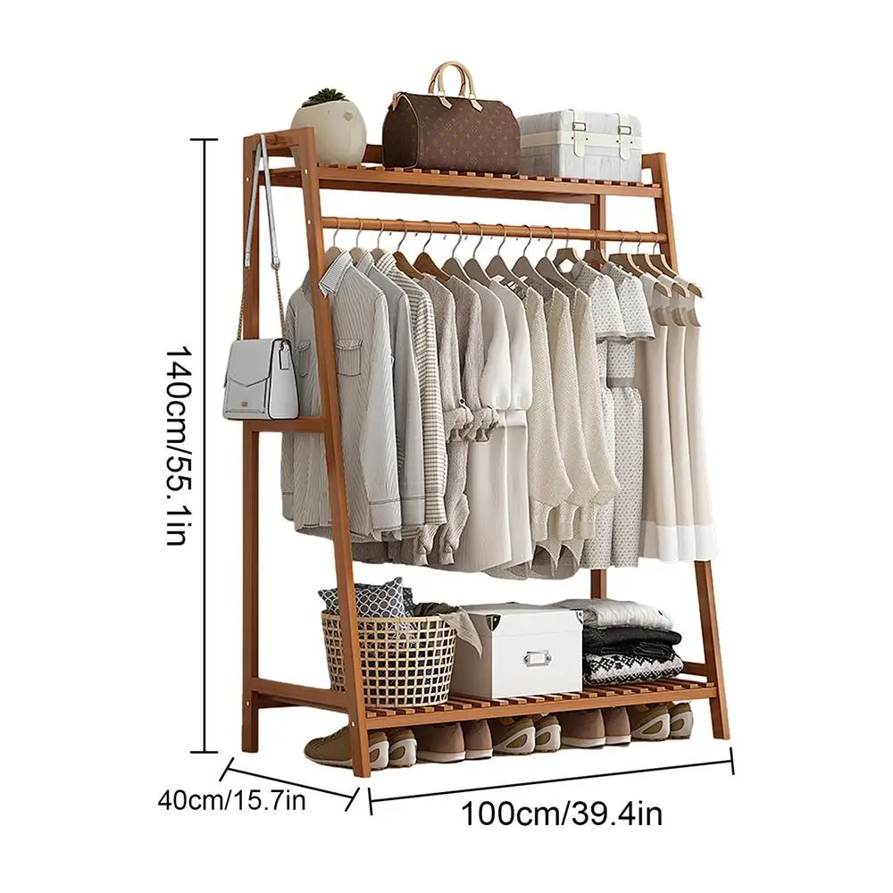 Wooden Garment Coat Clothes Hanging Heavy Duty Rack with top shelf and 2-tier Shoe Clothing Storage Organizer Shelves