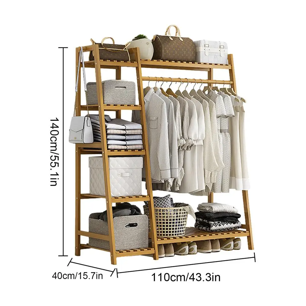 Wooden Garment Coat Clothes Hanging Heavy Duty Rack with top shelf and 2-tier Shoe Clothing Storage Organizer Shelves