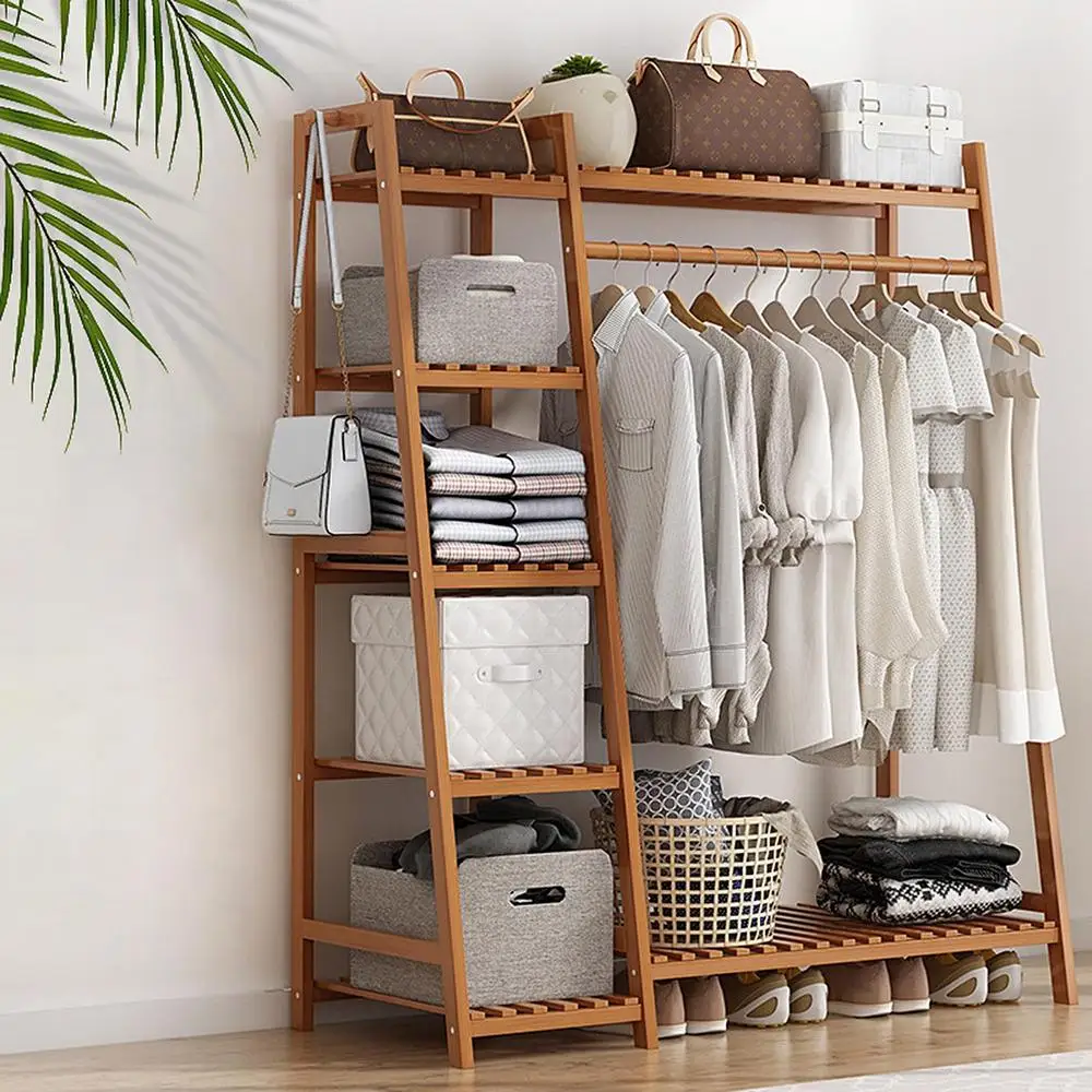 Wooden Garment Coat Clothes Hanging Heavy Duty Rack with top shelf and 2-tier Shoe Clothing Storage Organizer Shelves