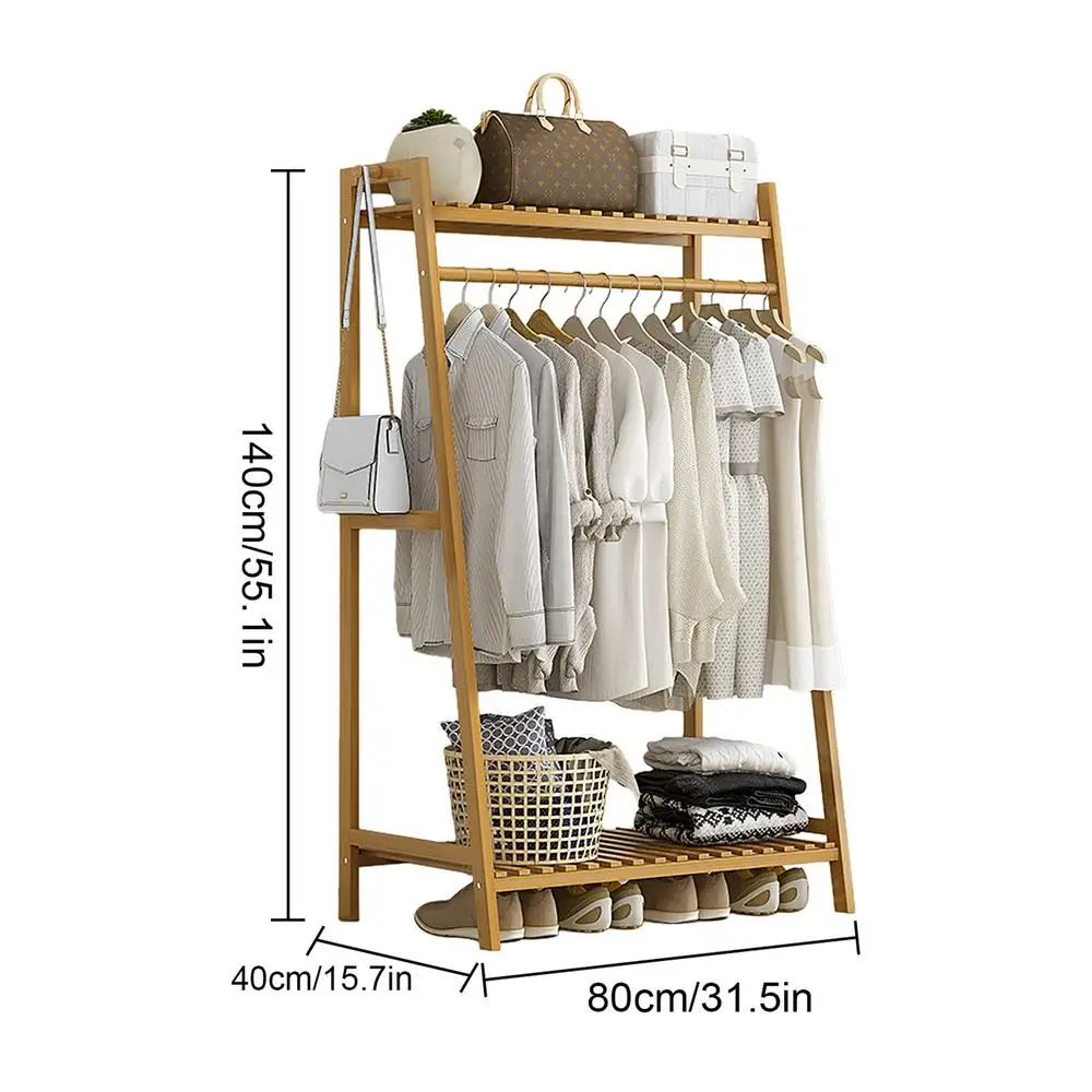 Wooden Garment Coat Clothes Hanging Heavy Duty Rack with top shelf and 2-tier Shoe Clothing Storage Organizer Shelves